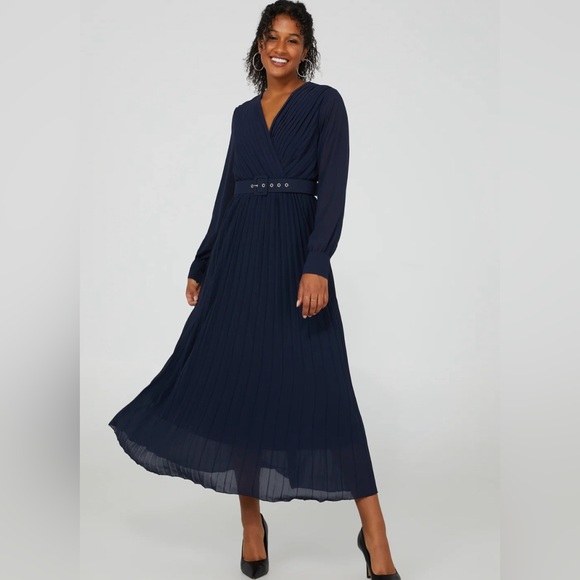 Navy Blue Pleated Midi Dress - Picture 1 of 2